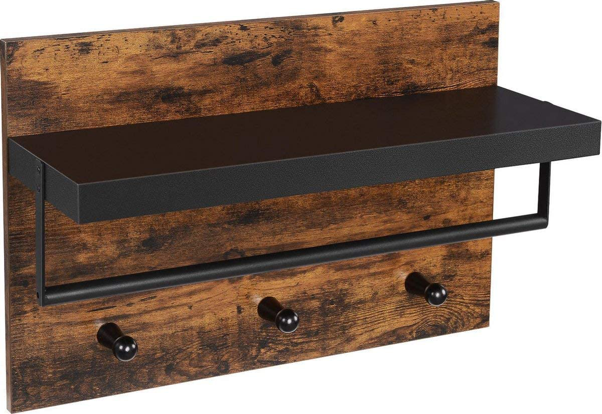 Wall Coat Rack in Industrial Design, Vintage with 3 Hooks, Bar and Shelf 40 x 60 x 21.5 cm, Wood/Black