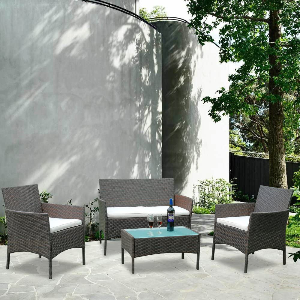 Garden Lounge Set, Balcony Furniture Set for 4 People, 7 Pieces, with Table, Seat Cushion, Washable, Plastic, Flat Rattan Look, for Balcony or Patio