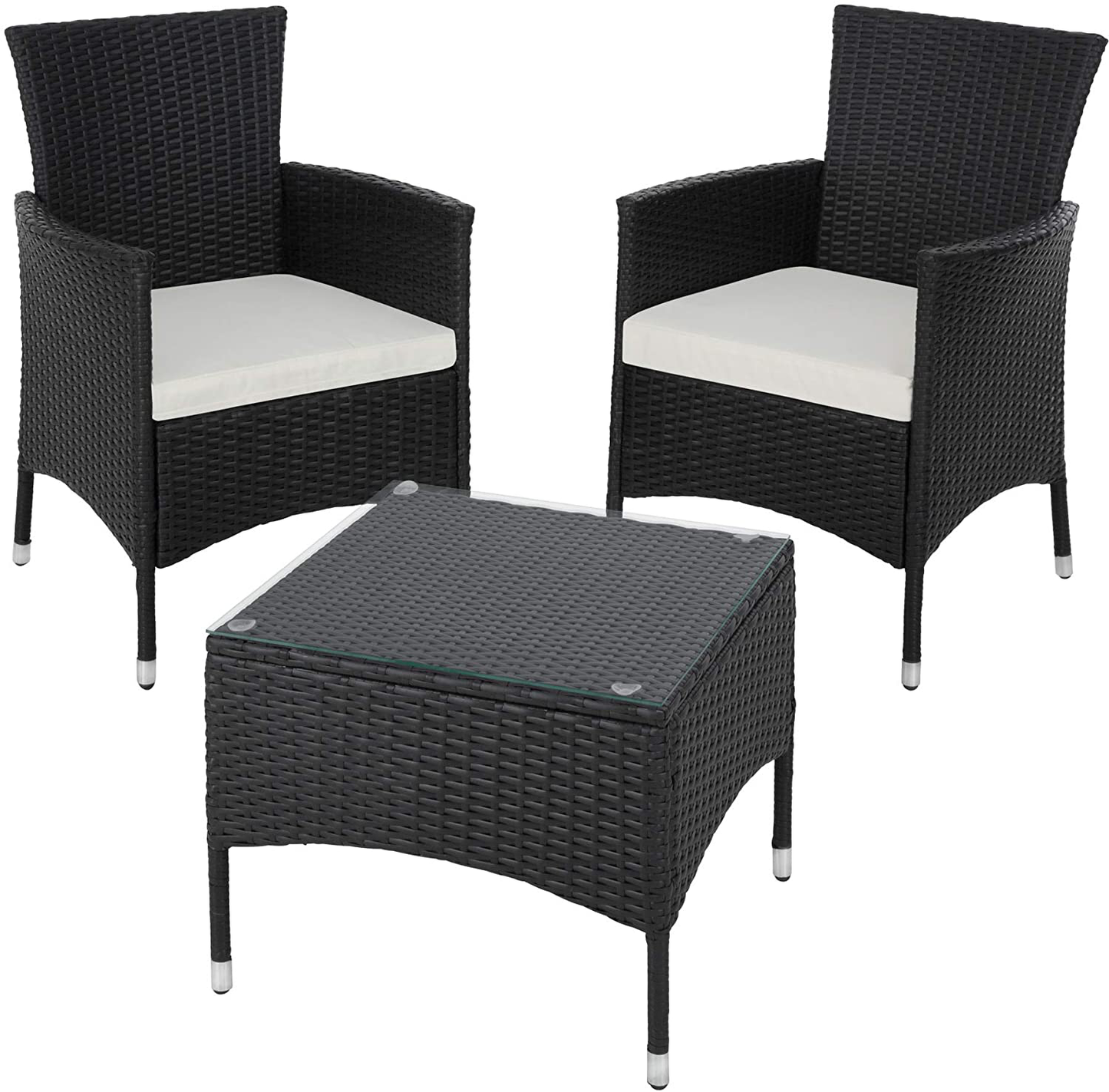 Polyrattan garden set, 2 chairs and small table with glass top, robust steel frame, various colours (gray)