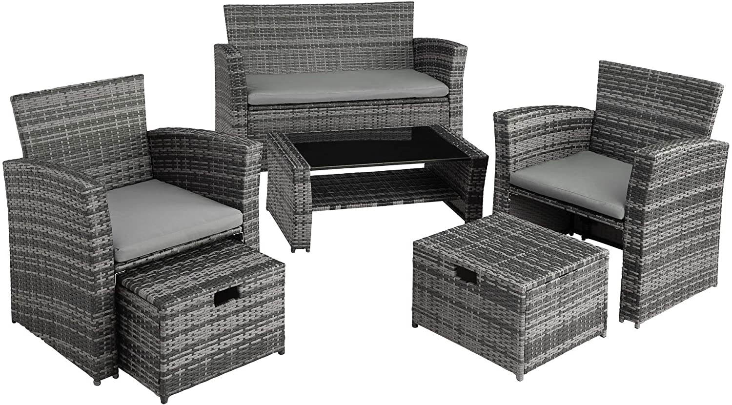 Poly-rattan Garden / Balcony / Patio Set for 4 People with Stool, Storage Compartment Under Sofa Seat, Table with Shelf, 800719 incl. Cushions 