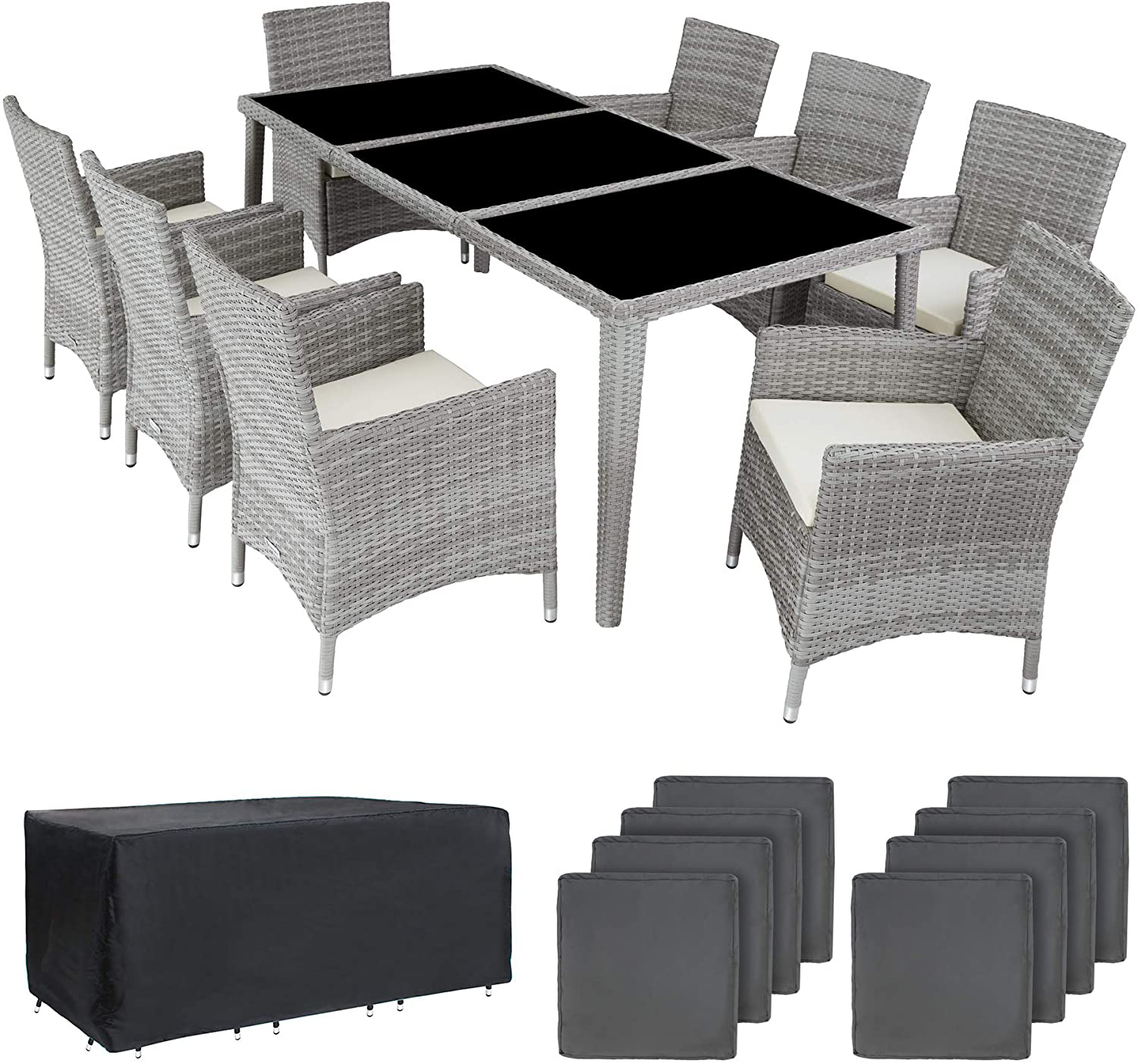  Aluminium Poly Rattan Dining Set, 8 Chairs + 1 Dining Table with Glass Tops, Includes 2 Cover Sets and Protective Cover, Various Colours