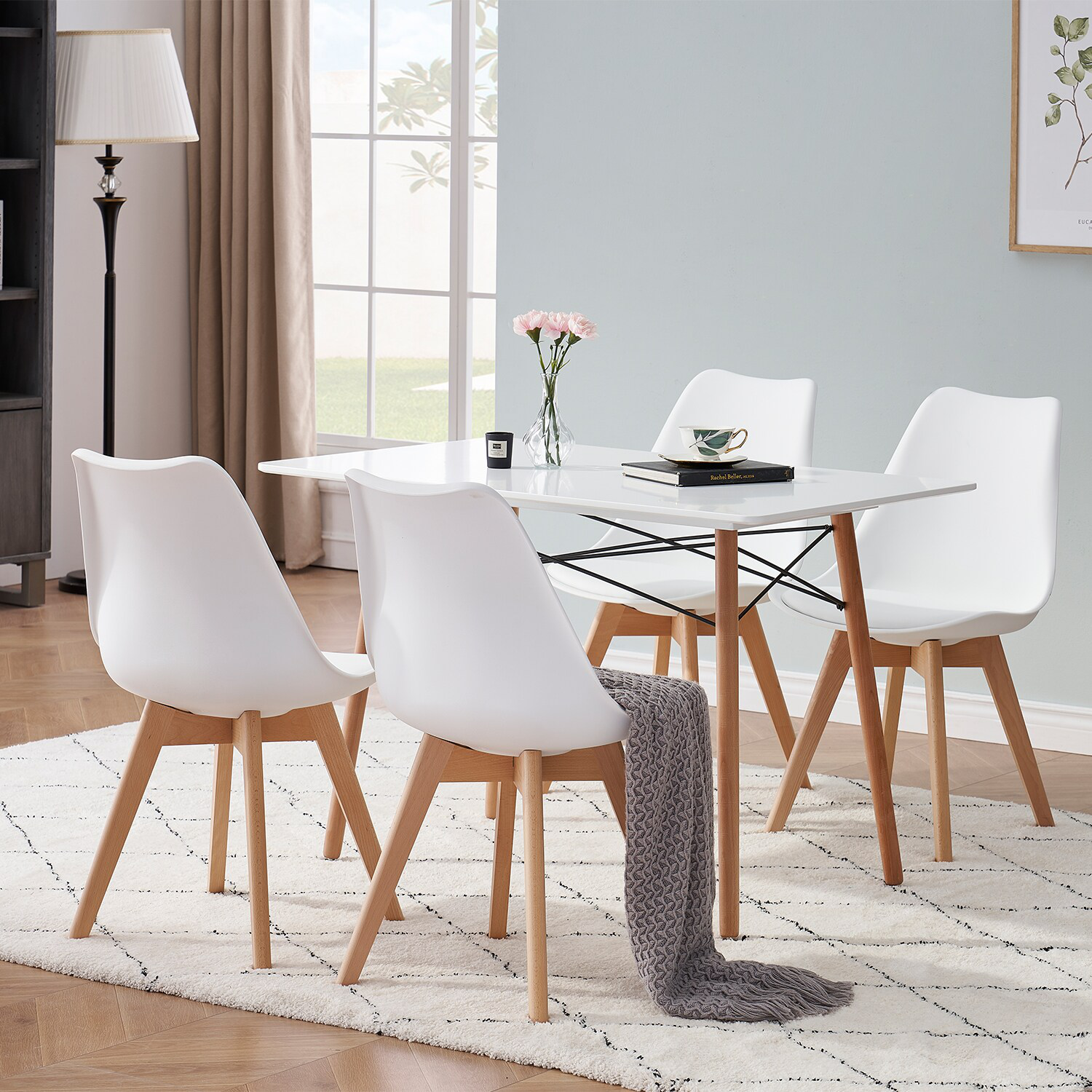 A Set Of 8 Nordic Medieval Retro Style Dining Chairs, Solid Wood Feet, Beech Wood, Suitable For Kitchen, Dinings Room White/Grey