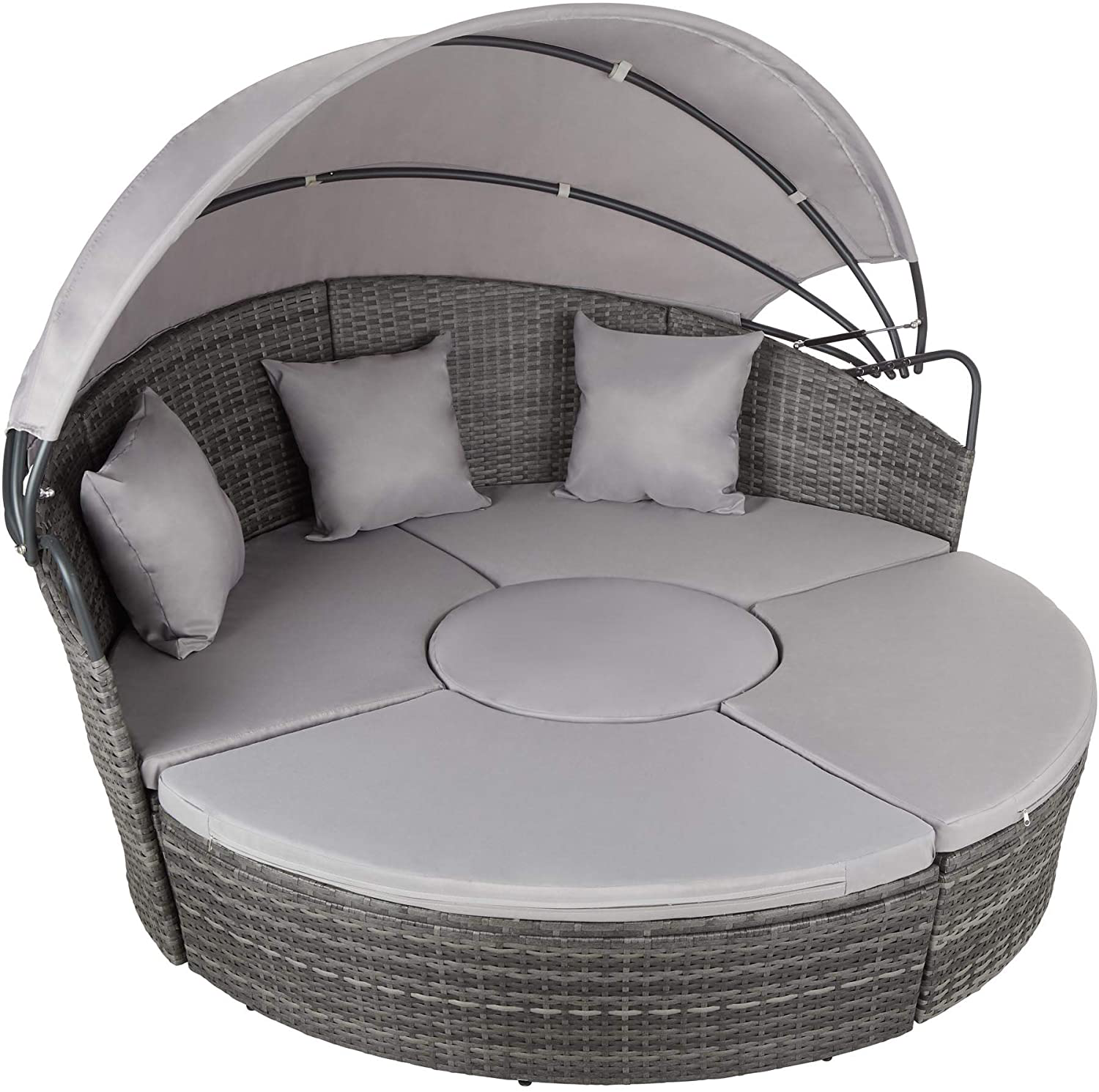 800764 High-Quality XXL Aluminium Polyrattan Sun Island with Hinged Sun Canopy, Sun Lounger Including Pillows and Cushions, 180 x 161 x 138 cm, Various Colours