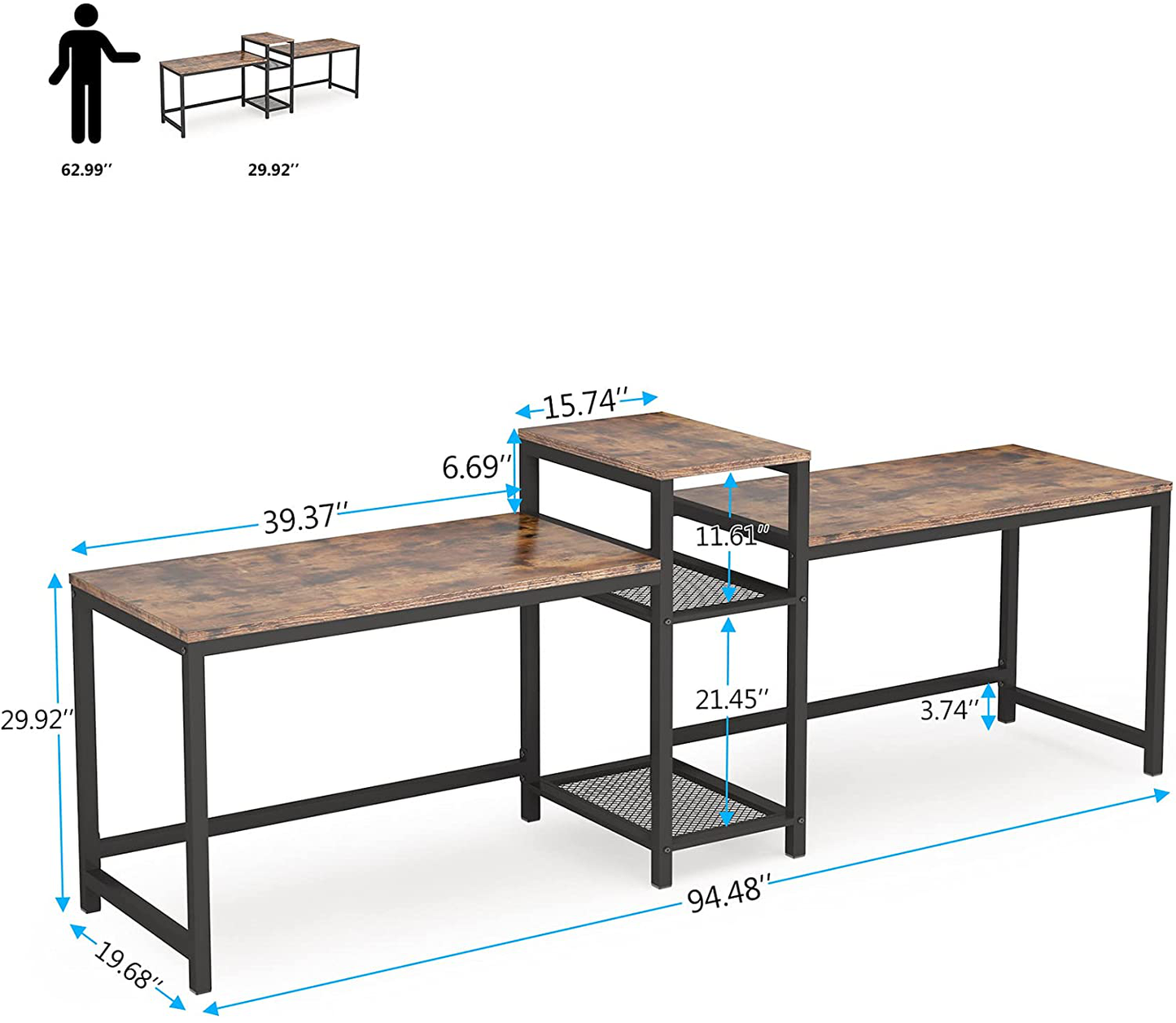 Tribesigns Zwei-Personen-Schreibtisch mit Ablagefächern, 94 Zoll extra langer Doppel-Computertisch mit Druckerständer, Bücherregal, große Doppel-Workstation Home Office Tisch Schreibtisch