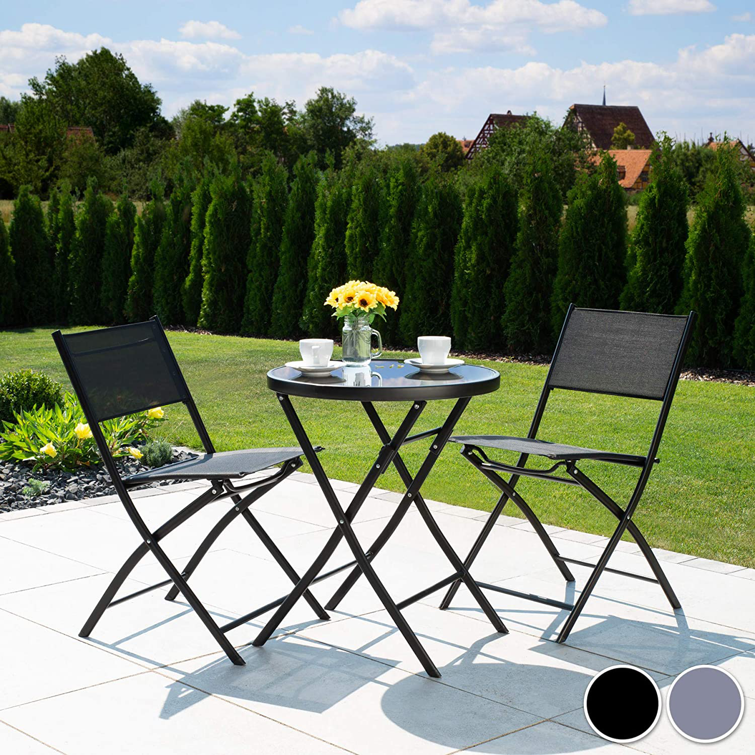 Bistro Set, Table with Glass Top and 2 Chairs, Robust Steel Frame, Easy to Assemble and Dismantle, Various Colours 