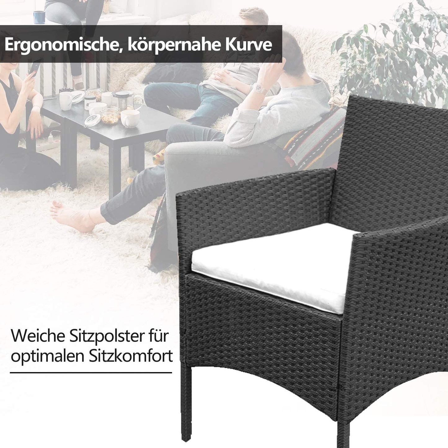 Garden Lounge Set, Balcony Furniture Set for 4 People, 7 Pieces, with Table, Seat Cushion, Washable, Plastic, Flat Rattan Look, for Balcony or Patio