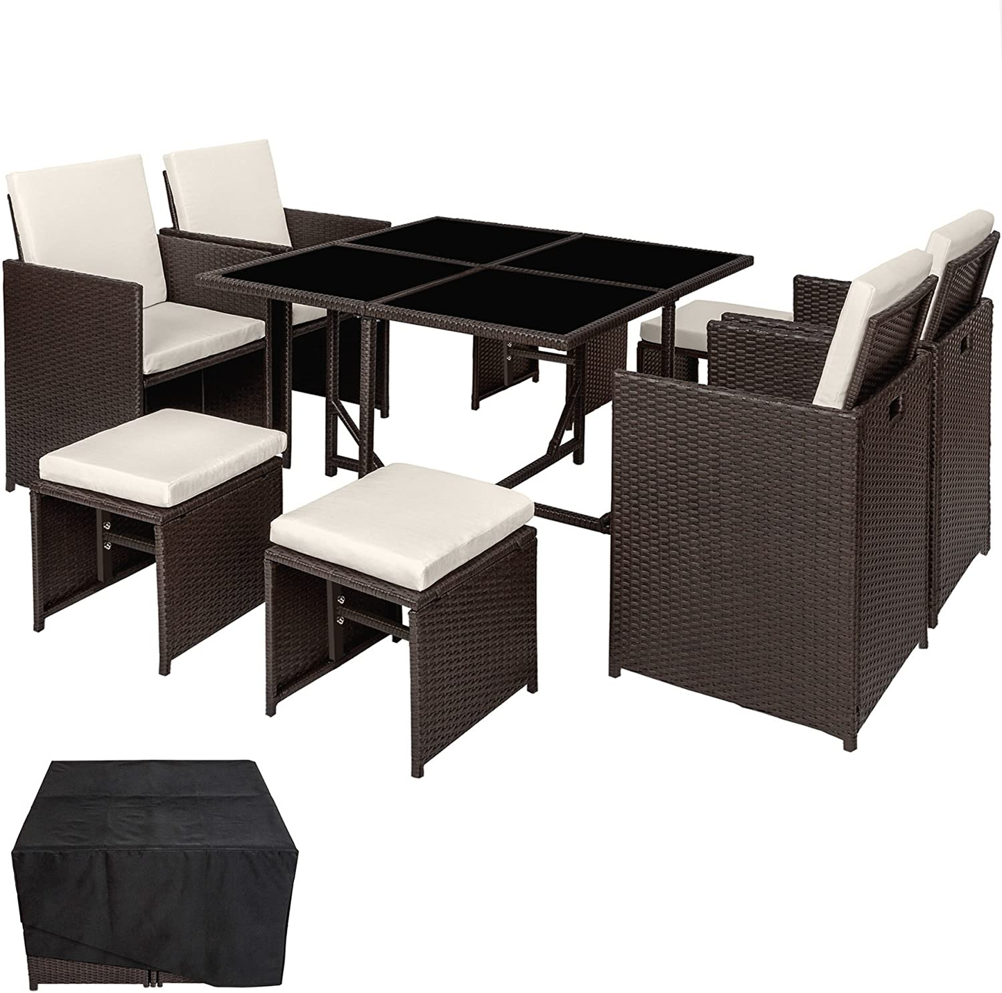 Poly Rattan Cube Set Including Protective Cover and Stainless Steel Screws 4 Chairs 1 Table 4 Stools Various Colours 