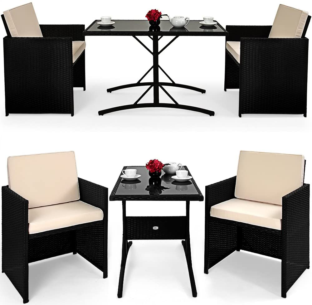 Poly rattan Balcony Cube Set, 7-cm thick cushions, 2 Chairs & 1 Table, 3-piece Garden Furniture Set