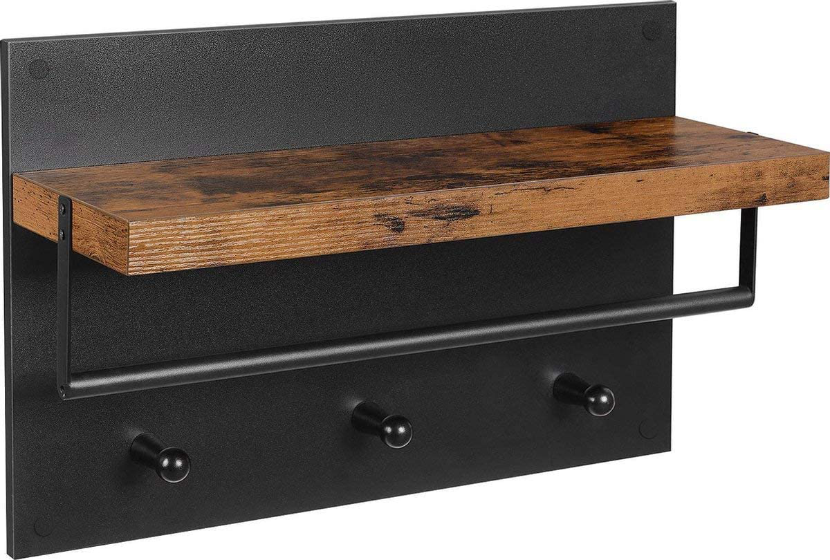 Wall Coat Rack in Industrial Design, Vintage with 3 Hooks, Bar and Shelf 40 x 60 x 21.5 cm, Wood/Black