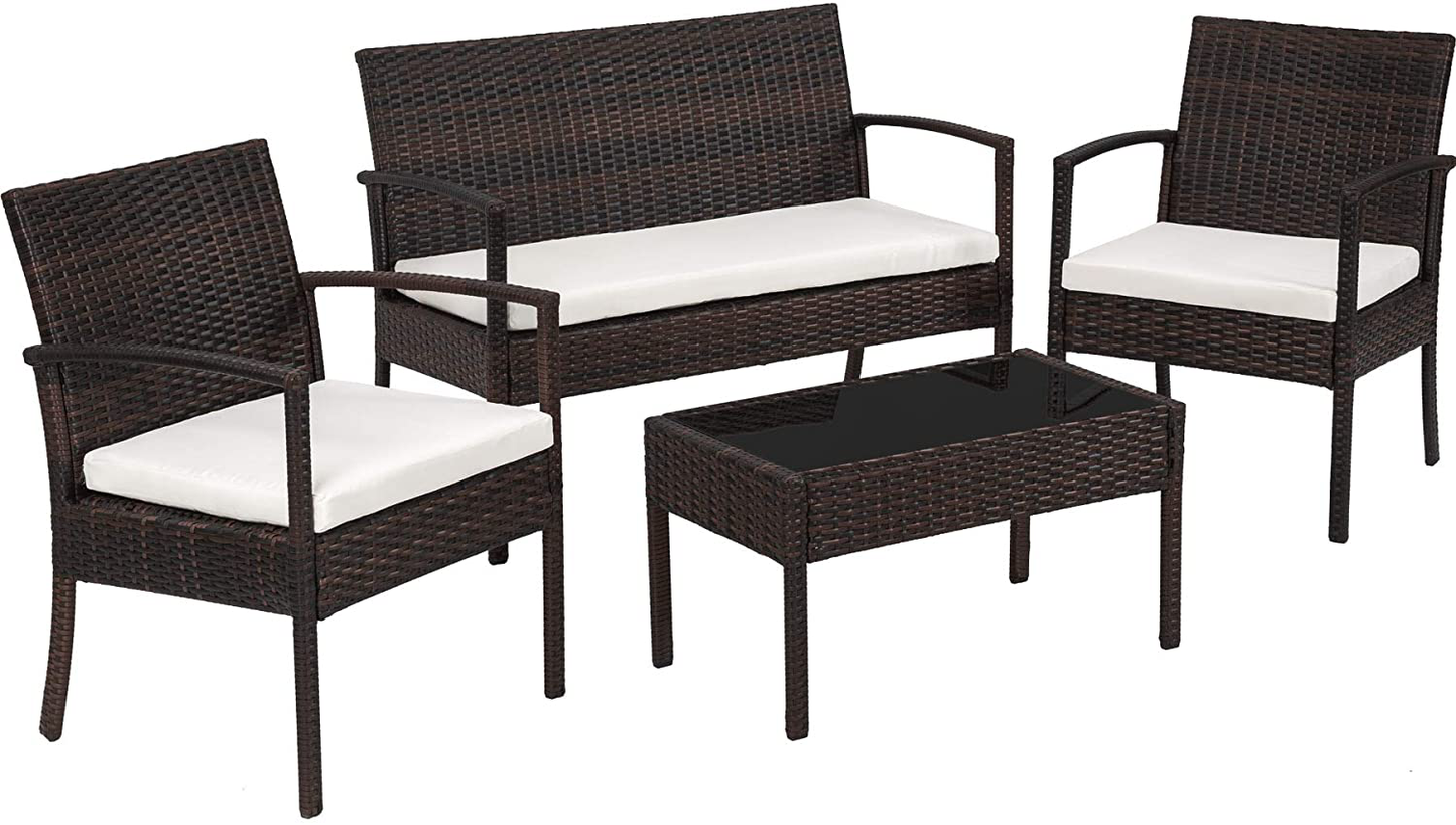 Poly Rattan garden furniture wicker set with glass table brown black