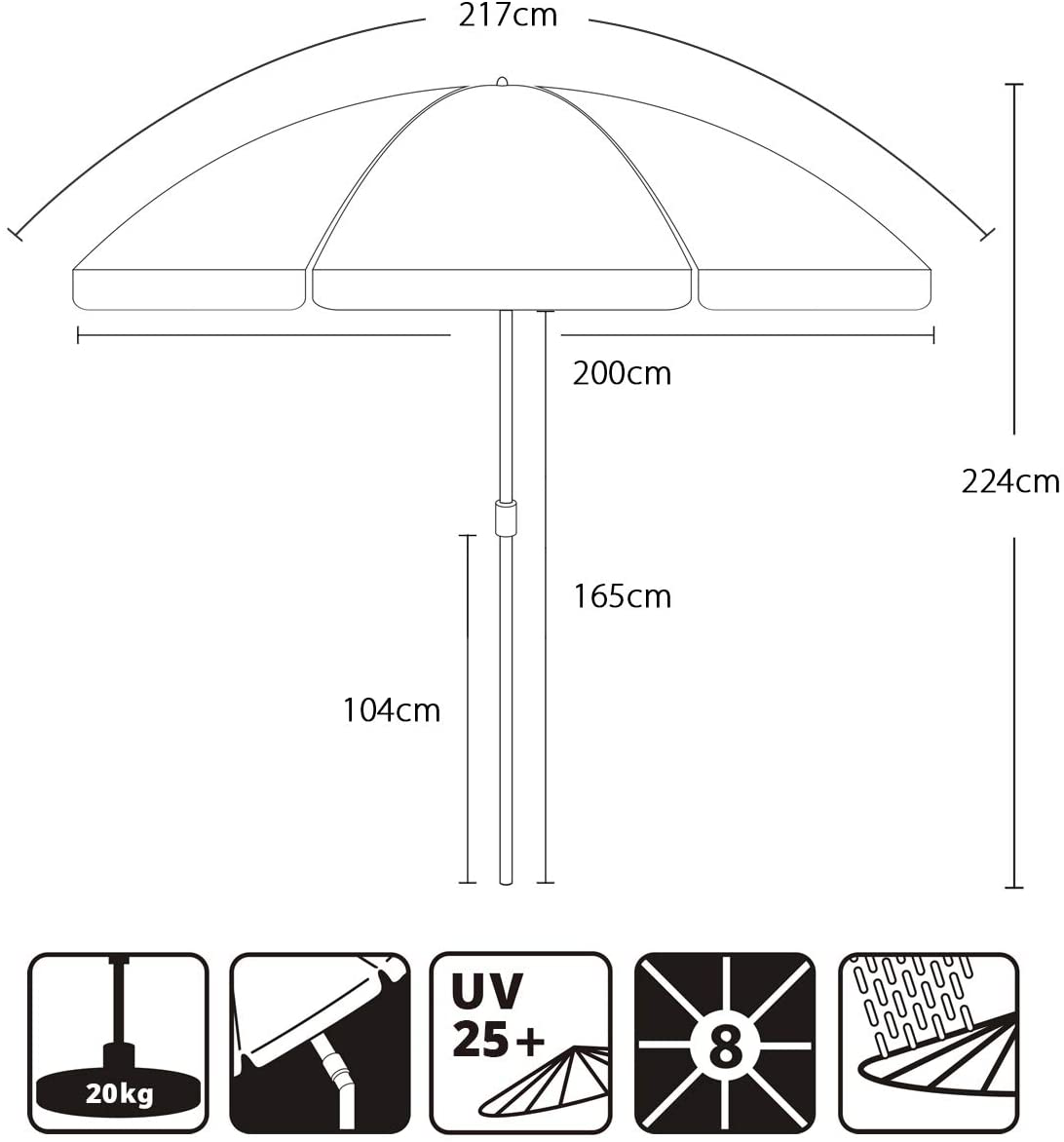 200 cm Parasol, Market Parasol, Garden Shade, Patio Shade, Round Sun Protection, UV25+