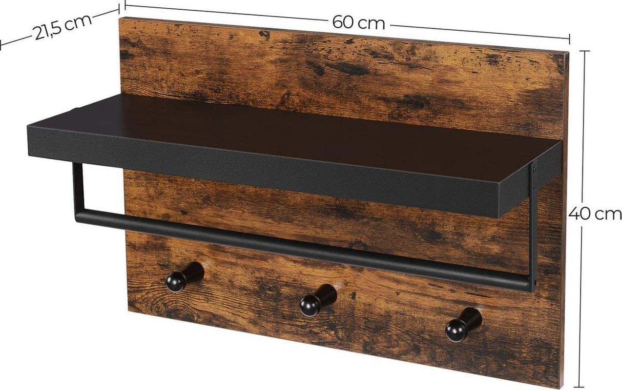 Wall Coat Rack in Industrial Design, Vintage with 3 Hooks, Bar and Shelf 40 x 60 x 21.5 cm, Wood/Black