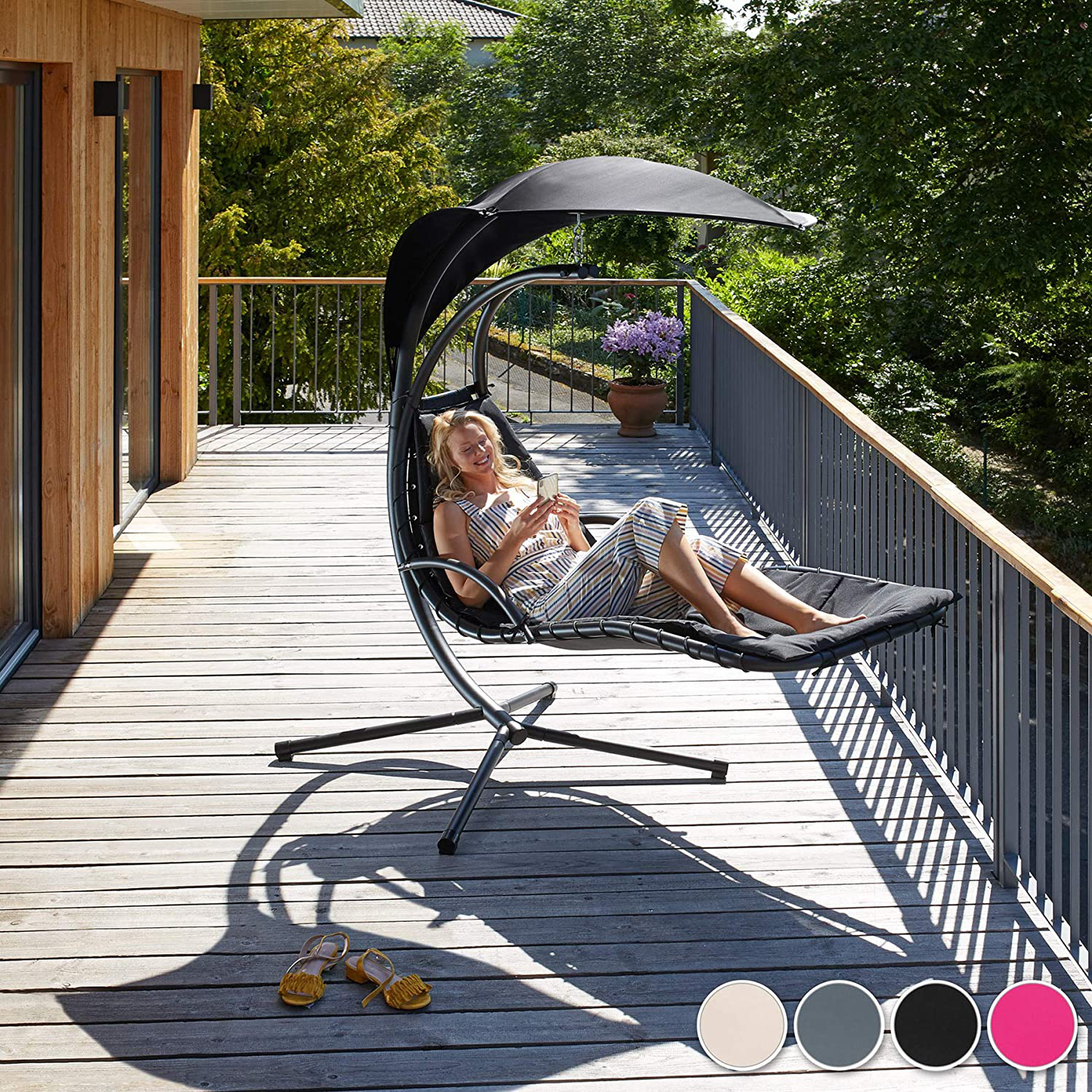 Hanging Lounger with Frame, Floating Lounger with Parasol, Indoor & Outdoor, Includes Cushion with Pillow, for Garden, Patio and Balcony