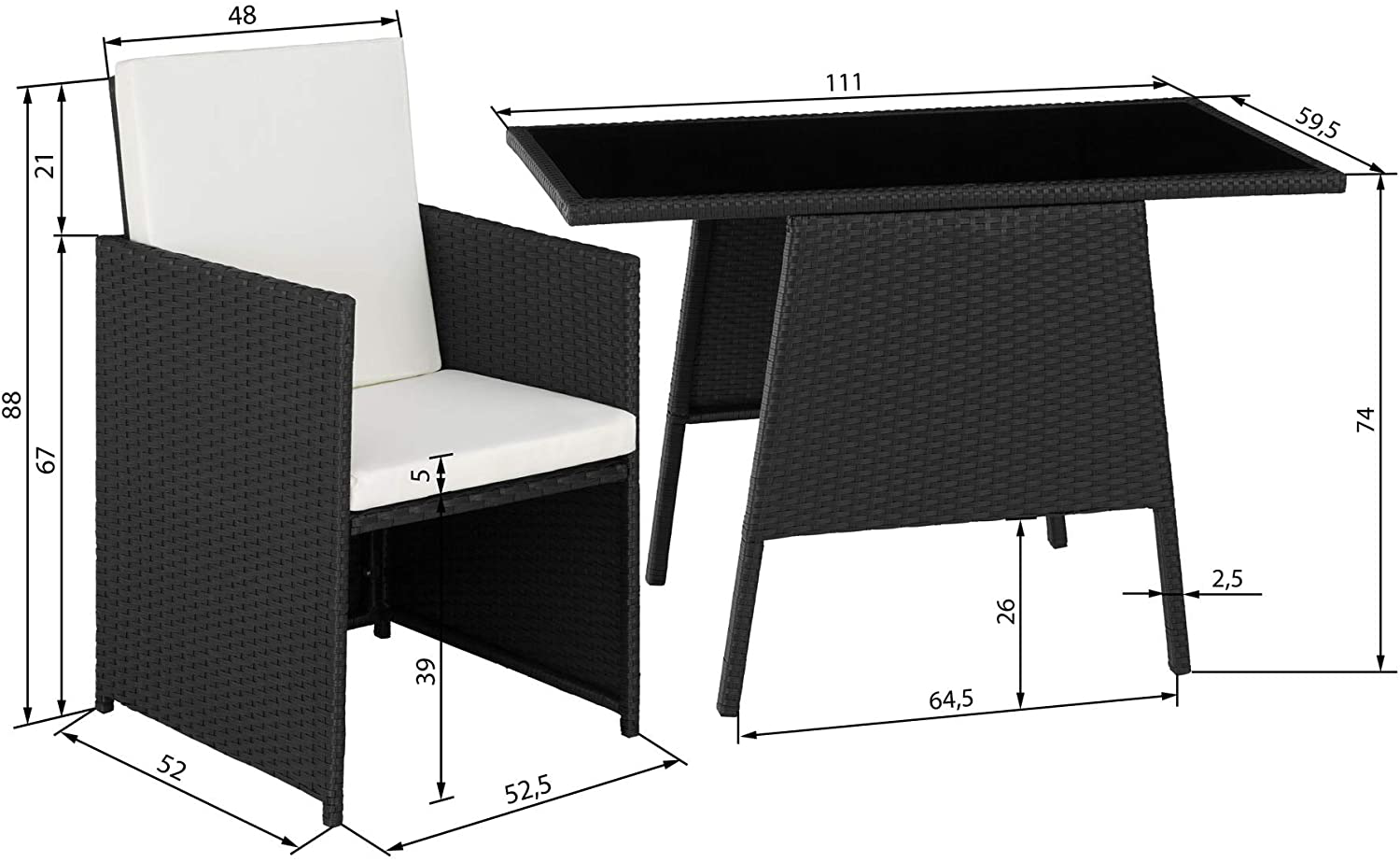  Folding Polyrattan Set for 2 People 2 Chairs and 1 Table with Glass Top