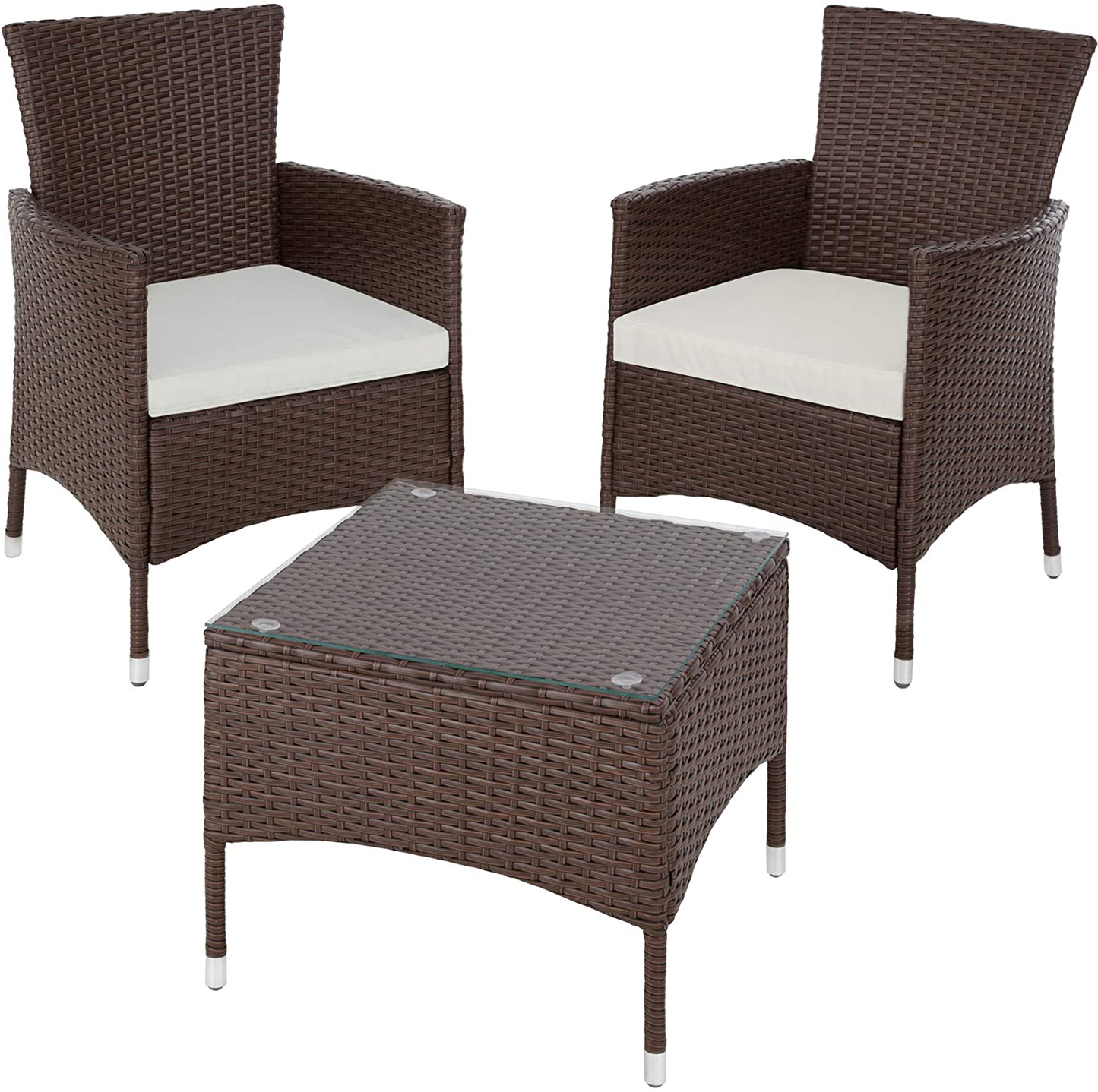 Polyrattan garden set, 2 chairs and small table with glass top, robust steel frame, various colours (gray)