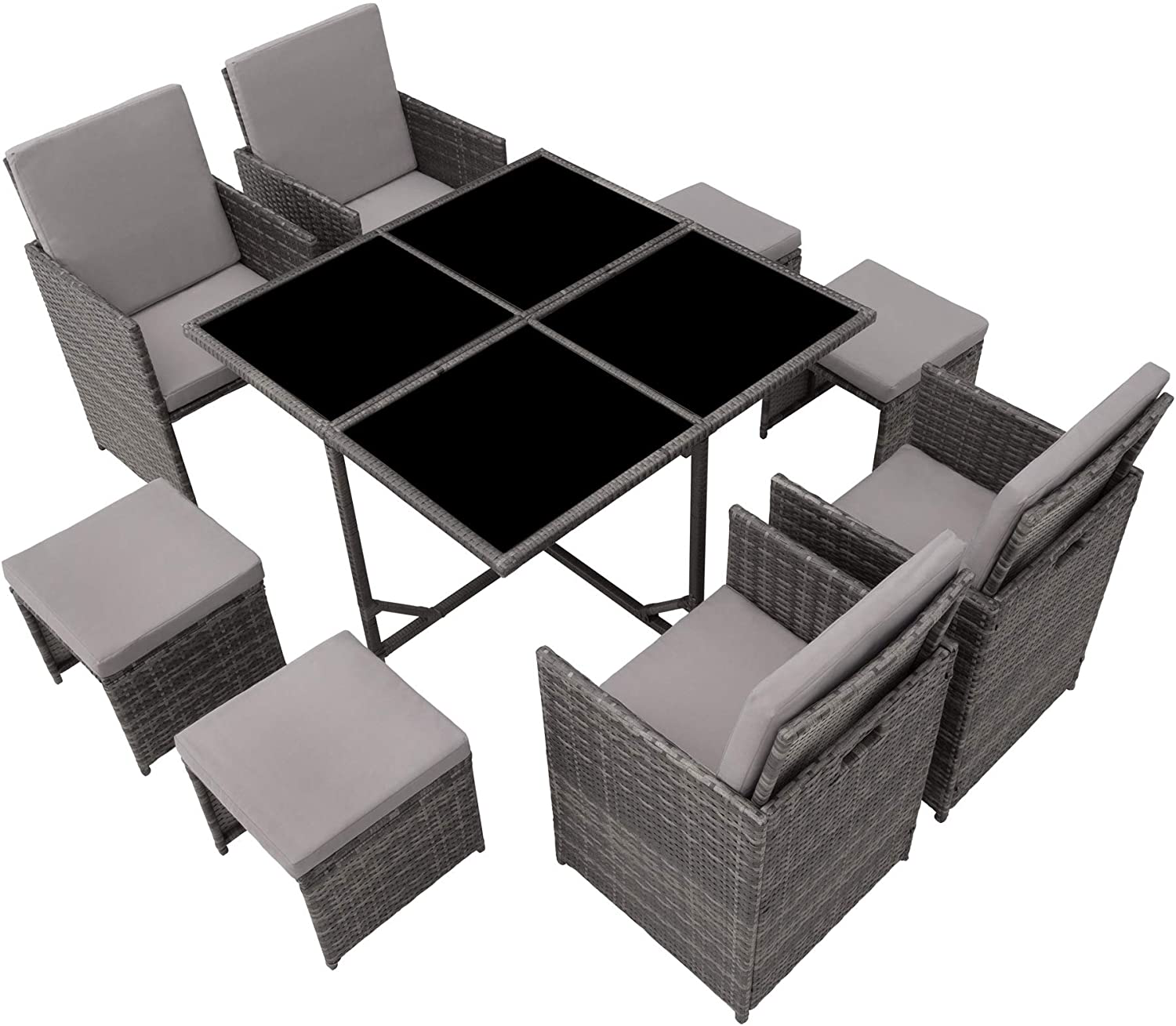 Poly Rattan Cube Set Including Protective Cover and Stainless Steel Screws 4 Chairs 1 Table 4 Stools Various Colours 