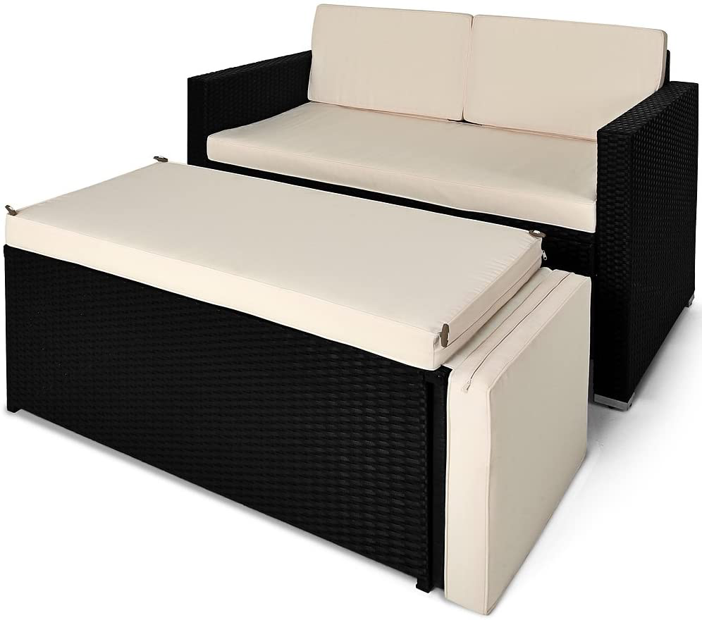 Polyrattan two-seater sofa incl. Ottoman with storage space sun lounger rattan lounge