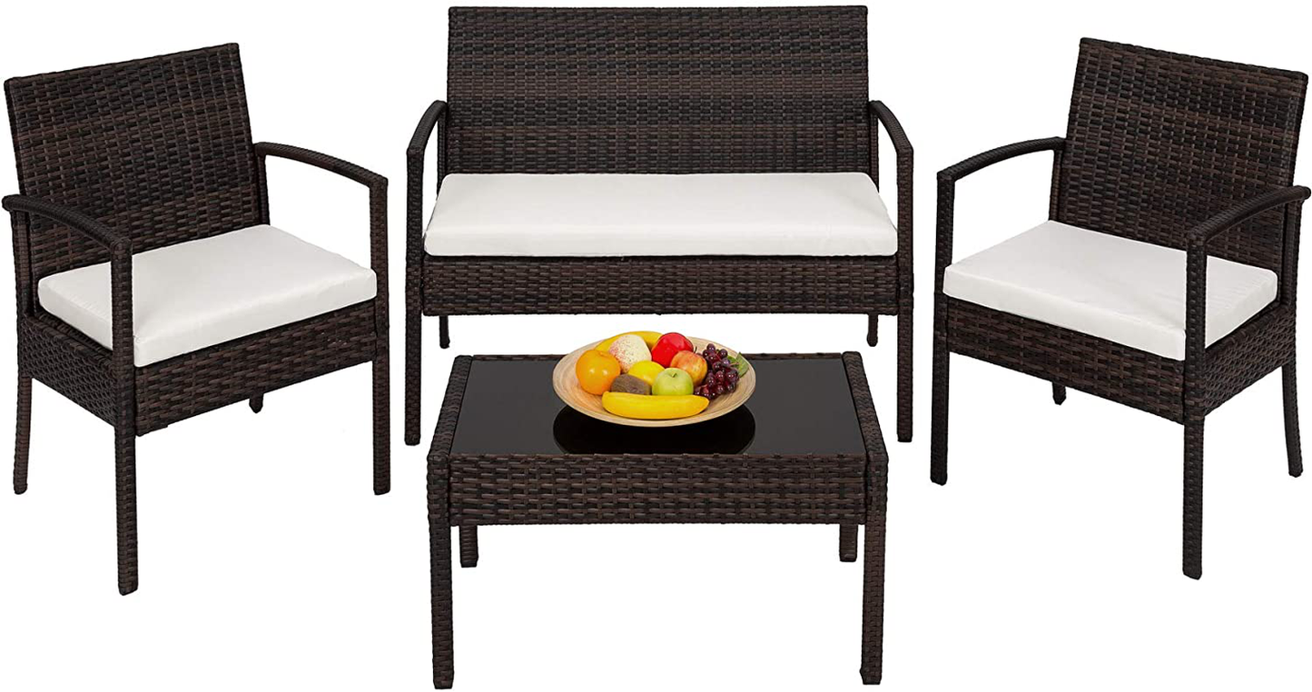 Poly Rattan garden furniture wicker set with glass table brown black