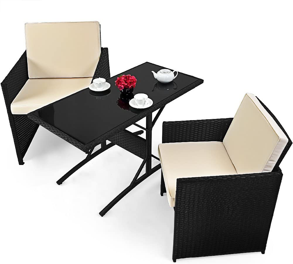 Poly rattan Balcony Cube Set, 7-cm thick cushions, 2 Chairs & 1 Table, 3-piece Garden Furniture Set