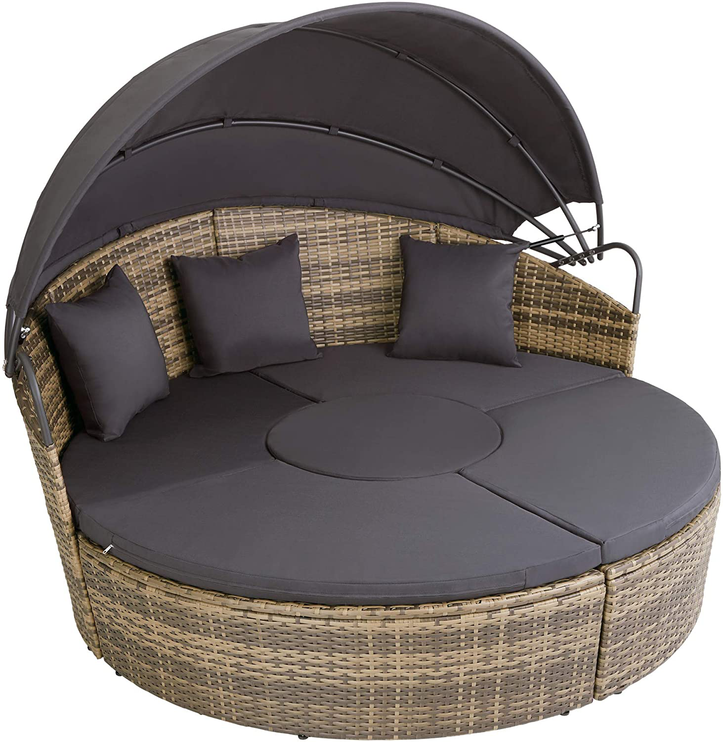 800764 High-Quality XXL Aluminium Polyrattan Sun Island with Hinged Sun Canopy, Sun Lounger Including Pillows and Cushions, 180 x 161 x 138 cm, Various Colours