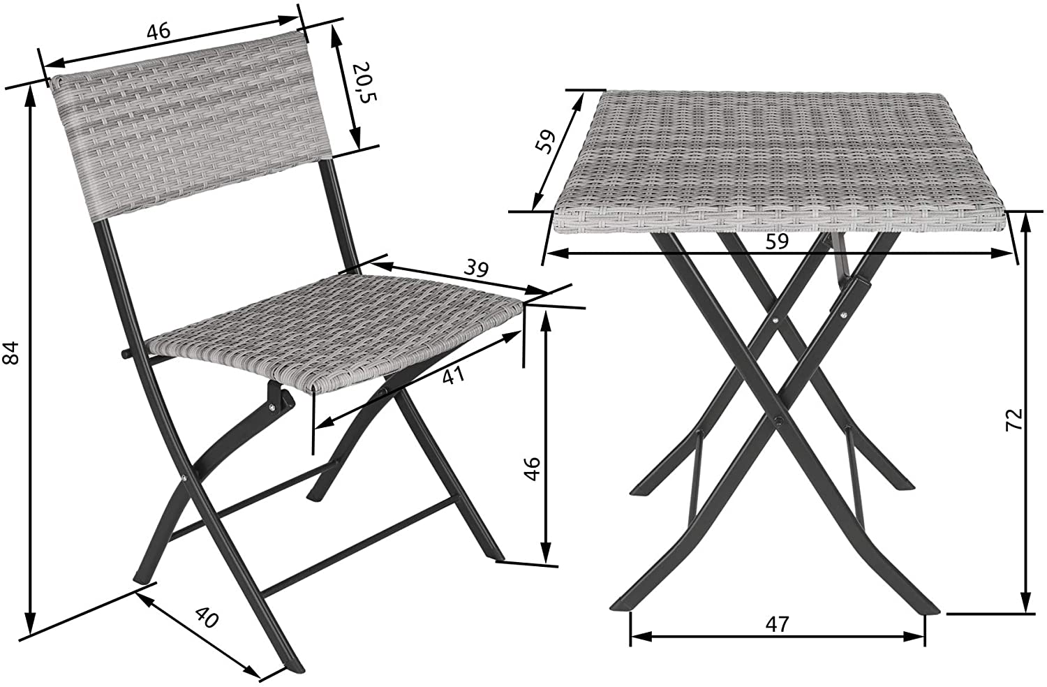 Polyrattan Bistro Set 3-Piece for Garden, Balcony, Patio, Foldable Space-Saving with UV Protection - Various Colours - (Light Grey | No. 403714)