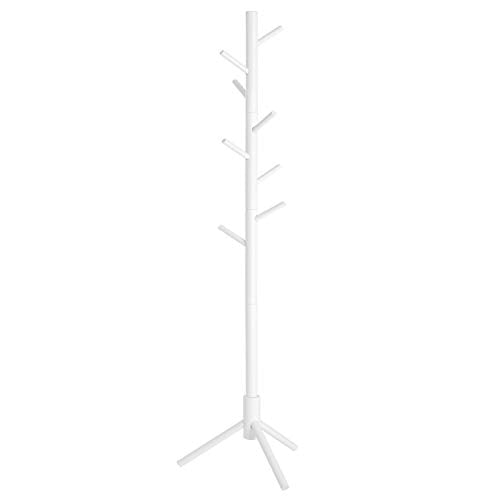 Standing Coat Rack, Solid Wood Coat Rack, Tree-Shaped Coat Rack with 8 Hooks, 3 Height Options, for Clothes, Hats, Bags, for Living Room, Bedroom, Home Office, White