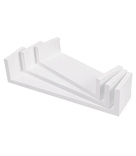 Set of 3 Modern Wall Shelves, Floating MDF Storage Shelving with High Gloss Finish, and Invisible Mounting, White