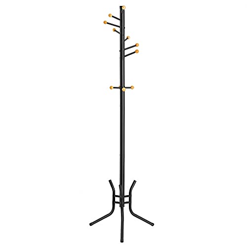 Coat Rack, Freestanding Metal Coat Tree, 11 Hooks with Wooden Ends, for Coats, Hats, Bags, 53.5 x 53.5 x 173 cm, Black