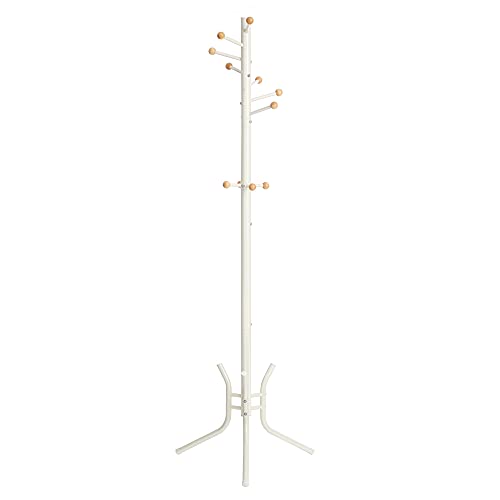 Coat Rack, Freestanding Metal Coat Tree, 11 Hooks with Wooden Ends, for Coats, Hats, Bags, 53.5 x 53.5 x 173 cm, White