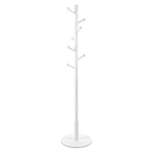 Coat Rack Free Standing Coat Tree with 7 Rounded Hooks, Wood Hall Tree, Entryway Coat Stand for Clothes, Hats, Purses, in the Entryway, Living Room, White