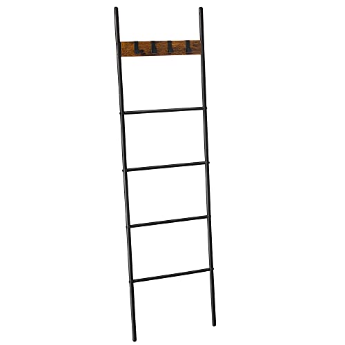 Towel Ladder Shelf with 5 Levels 44 x 160 cm Space Saving Metal Frame 4 Hooks Industrial Style Vintage Brown/Black