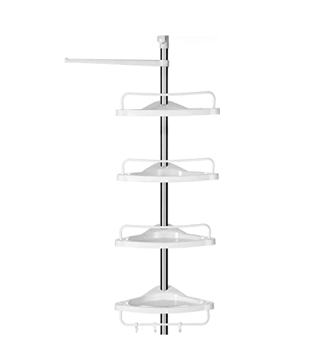 Adjustable Bathroom Corner Shelf, Telescopic Shower Caddy, 95-300 cm, Floor to Ceiling, with Stainless Steel Frame, 4 Trays, 3 Hooks, 1 Towel Bar, White and Silver