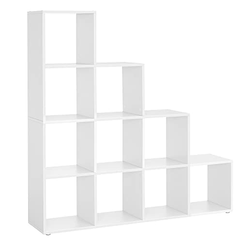 Bookcase, Stair Organiser, 10 Open Cubes, Wooden Display Shelf, Free Standing Shelf, 129.5 x 29 x 129.5 cm, Room Divider, White