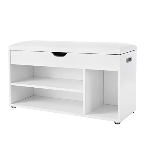 Wooden Shoe Bench, Paaed Storage Seat, Hallway Cabinet with 2 Shelves and a Hidden Chest, White