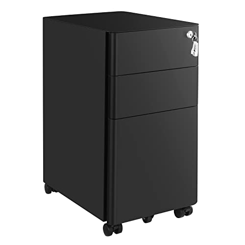 Mobile File Cabinet, Office Cabinet with Wheels and Lock, for A4, Legal, Letter Sized Documents, Hanging File Folders, Black