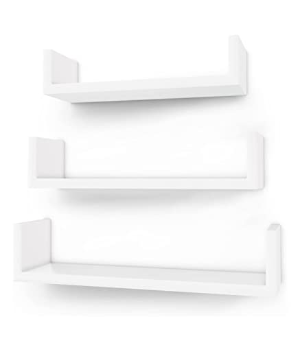 Set of 3 Modern Wall Shelves, Floating MDF Storage Shelving with High Gloss Finish, and Invisible Mounting, White