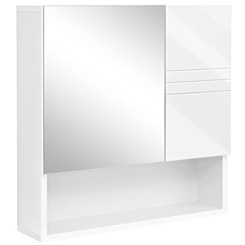 Mirrored Cabinet, Bathroom Cabinet with Height-Adjustable Shelves, Door and Top Panel with High-Gloss Surface, Bathroom, 54 x 15 x 55 cm, White