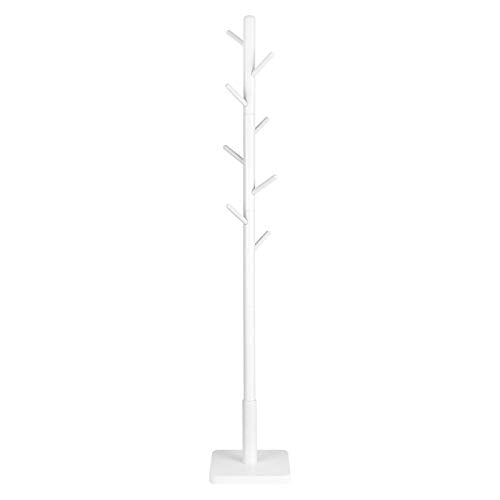 Coat Rack, Solid Wood Coat Stand, Free Standing Hall Coat Tree with 8 Hooks for Coats, Hats, Bags, Purses, for Entryway, Hallway, Rubberwood Hooks and Pole, White