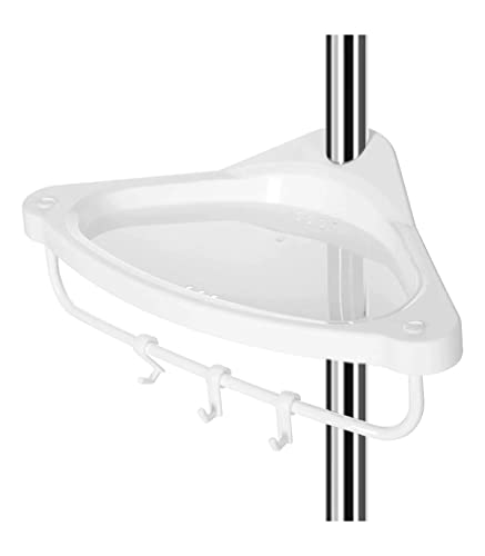 Adjustable Bathroom Corner Shelf, Telescopic Shower Caddy, 95-300 cm, Floor to Ceiling, with Stainless Steel Frame, 4 Trays, 3 Hooks, 1 Towel Bar, White and Silver