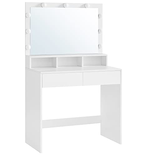 Dressing Table Vanity Table with 9 LED Bulbs and Mirror Adjustable Brightness 2 Drawers and 3 Open Compartments Drawers Modern White