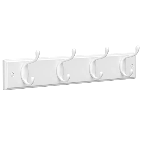 Wall-Mounted Coat Rack with 4 Metal Hooks, Wooden Wall Hook Rack for Bedroom, Entryway, Bathroom, White