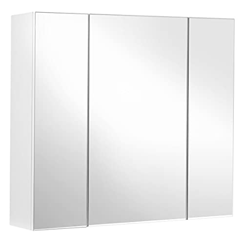 Bathroom Wall Cabinet, Cupboard with Mirror, 3-Door Storage Cabinet, 60 x 15 x 55 cm, with Adjustable Shelf, Modern, White