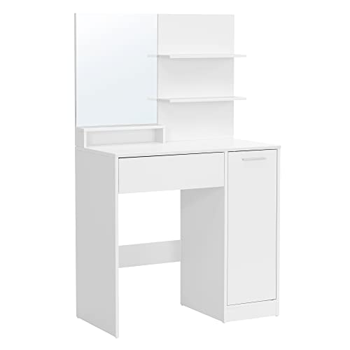 Dressing Table, Makeup Table, Vanity Table with Mirror, 1 Drawer, 2 Shelves, Storage Cabinet, Makeup Organiser, White