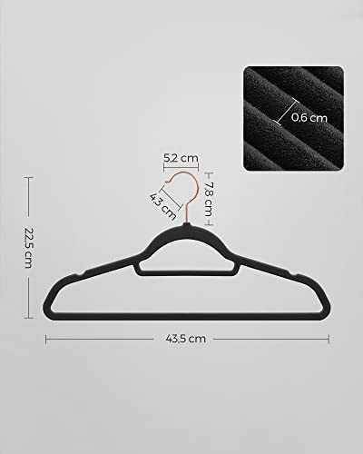 Velvet Hangers, 50-Pack, Non-Slip Clothes Hanger with Rose Gold Colour Swivel Hook, 0.6 cm Thick and Space Saving, 45 cm Long for Coat, Shirt, Dress, Trousers, Ties, Black