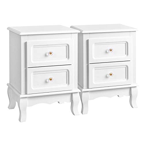 2 Bedside Tables, Beside Cabinet with 2 Drawers, Wooden Night Stands with Solid Pine Wood Legs, Spacious Storage, White