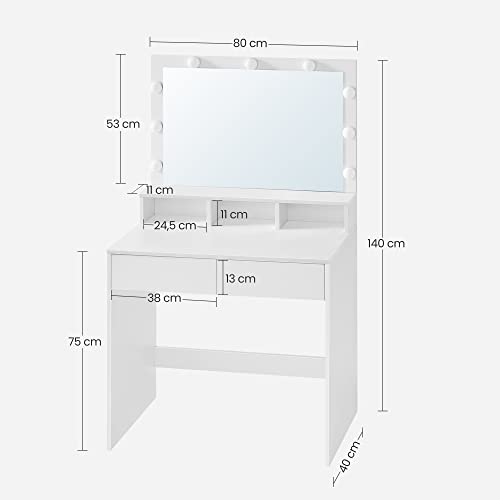 Dressing Table Vanity Table with 9 LED Bulbs and Mirror Adjustable Brightness 2 Drawers and 3 Open Compartments Drawers Modern White