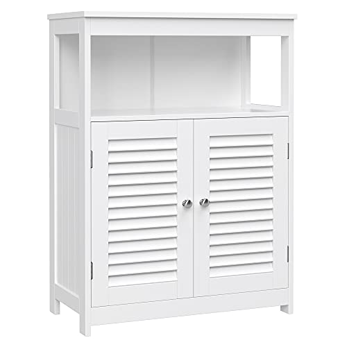 Wooden Bathroom Floor Cabinet Storage Organiser Rack, Kitchen Cupboard Free Standing, with Double Shutter Doors, White