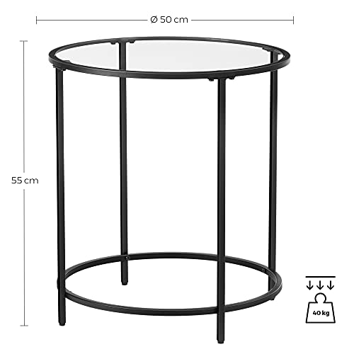 Round Side Table, Small Coffee Table, Tempered Glass End Table with Steel Frame, Bedside Table, Living Room, Balcony, Black