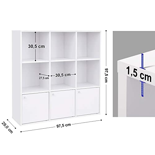 Wooden Storage Bookcase, Freestanding Display Shelf, DVD Rack Bookshelf, with 3 Bottom Cabinets, White