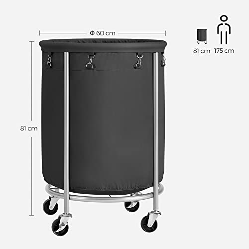 Laundry Sorter, Laundry Basket on Wheels, 170 Litre Round Laundry Bin with Steel Frame, Removable Laundry Bag and 4 Wheels (2 with Brakes), Black/Silver